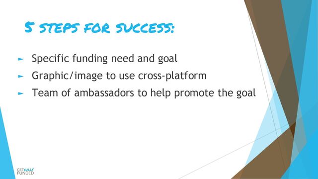 5 steps for success:
► Specific funding need and goal
► Graphic/image to use cross-platform
► Team of ambassadors to help promote the goal
