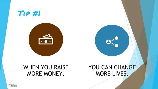 Tip #1
WHEN YOU RAISE
MORE MONEY,
YOU CAN CHANGE
MORE LIVES.
