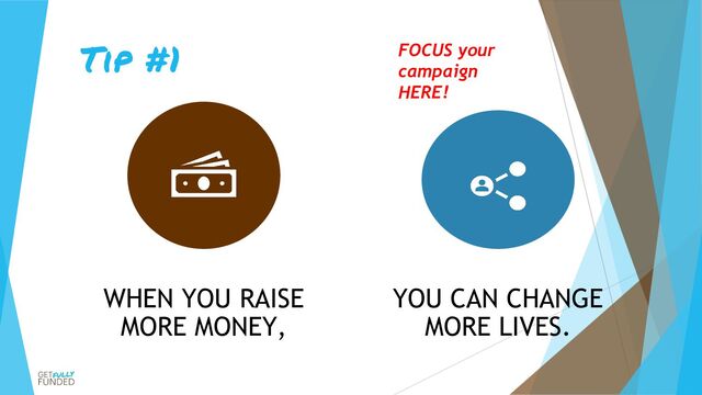 Tip #1
WHEN YOU RAISE
MORE MONEY,
YOU CAN CHANGE
MORE LIVES.
FOCUS your
campaign
HERE!
