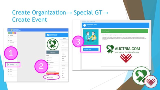 Create Organization→ Special GT→
Create Event
