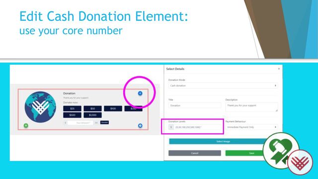 Edit Cash Donation Element:
use your core number
