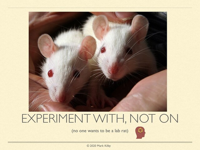 © 2020 Mark Kilby
EXPERIMENT WITH, NOT ON
(no one wants to be a lab rat)
