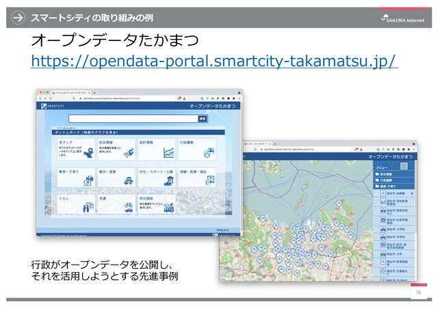 スマートシティの取り組みの例
オープンデータたかまつ
https://opendata-portal.smartcity-takamatsu.jp/
76
⾏政がオープンデータを公開し、
それを活⽤しようとする先進事例
