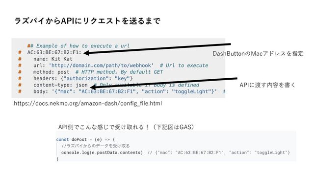 ラズパイからAPIにリクエストを送るまで
DashButtonのMacアドレスを指定
APIに渡す内容を書く
API側でこんな感じで受け取れる！（下記図はGAS）
https://docs.nekmo.org/amazon-dash/config_file.html
