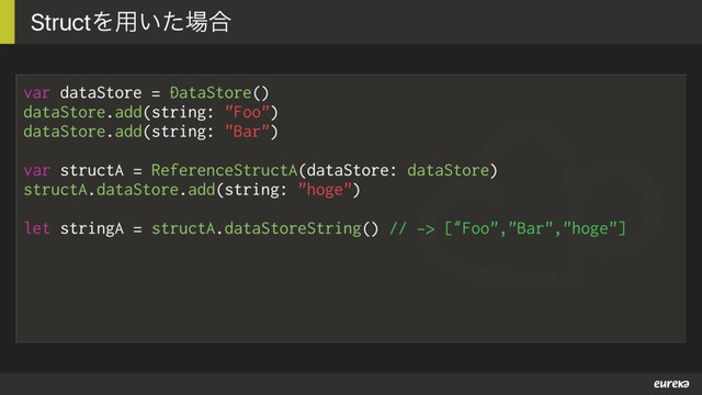 var dataStore = DataStore()
dataStore.add(string: "Foo")
dataStore.add(string: "Bar")
var structA = ReferenceStructA(dataStore: dataStore)
structA.dataStore.add(string: "hoge")
let stringA = structA.dataStoreString() // -> [“Foo","Bar","hoge"]
StructΛ༻͍ͨ৔߹
