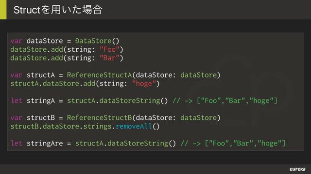 var dataStore = DataStore()
dataStore.add(string: "Foo")
dataStore.add(string: "Bar")
var structA = ReferenceStructA(dataStore: dataStore)
structA.dataStore.add(string: "hoge")
let stringA = structA.dataStoreString() // -> ["Foo","Bar","hoge"]
var structB = ReferenceStructB(dataStore: dataStore)
structB.dataStore.strings.removeAll()
let stringAre = structA.dataStoreString() // -> ["Foo","Bar","hoge"]
StructΛ༻͍ͨ৔߹
