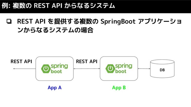 ❏ REST API を提供する複数の SpringBoot アプリケーショ
ンからなるシステムの場合
例: 複数の REST API からなるシステム
DB
REST API
REST API
App A App B

