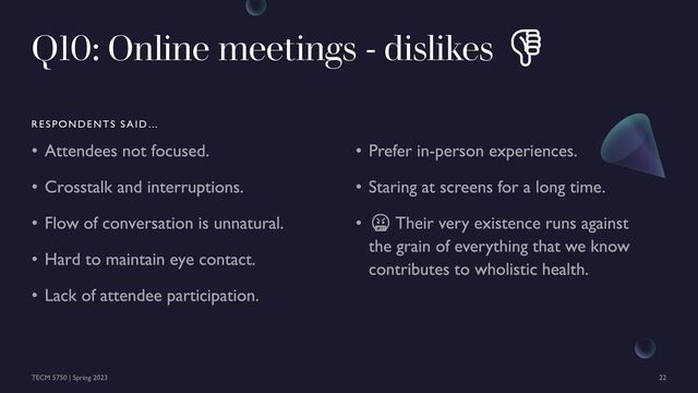 Q10: Online meetings - dislikes 👎
RESPONDENTS SAID…
