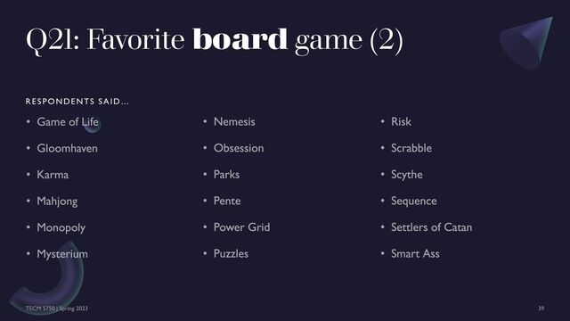 Q21: Favorite board game (2)
RESPONDENTS SAID…

