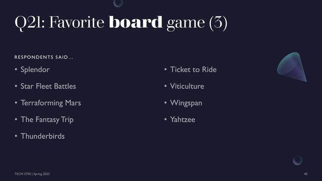 Q21: Favorite board game (3)
RESPONDENTS SAID …
