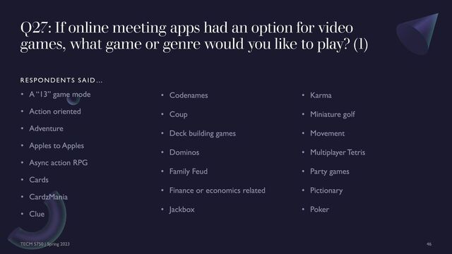 Q27: If online meeting apps had an option for video
games, what game or genre would you like to play? (1)
RESPONDENTS SAID …
