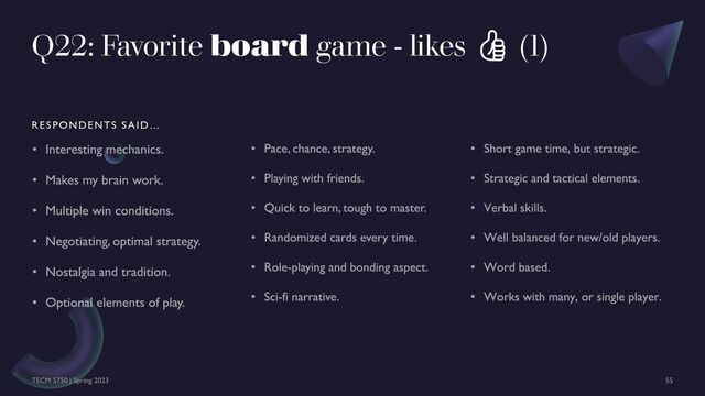 Q22: Favorite board game - likes 👍 (1)
RESPONDENTS SAID…
