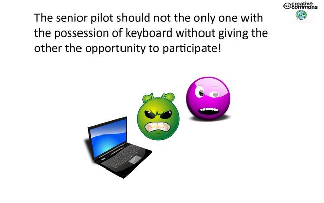 The senior pilot should not the only one with
the possession of keyboard without giving the
other the opportunity to participate!
