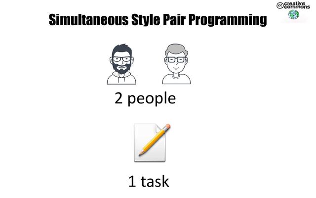 Simultaneous Style Pair Programming
2 people
1 task
