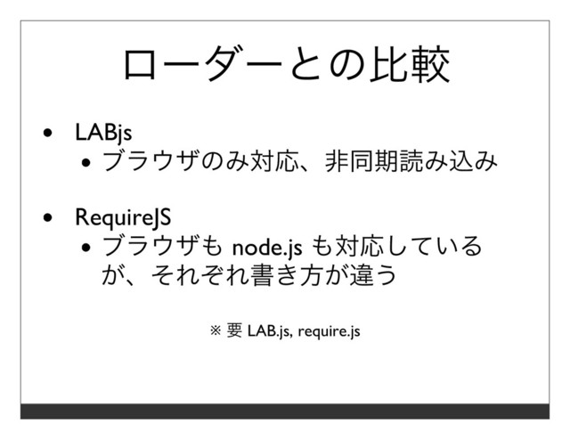 ローダーとの⽐較
LABjs
ブラウザのみ対応、⾮同期読み込み
RequireJS
ブラウザも node.js も対応している
が、それぞれ書き⽅が違う
※ 要 LAB.js, require.js
