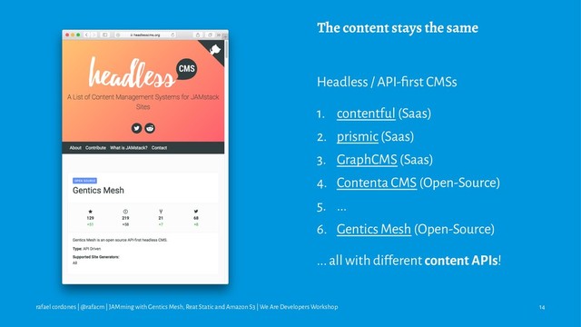The content stays the same
Headless / API-ﬁrst CMSs
1. contentful (Saas)
2. prismic (Saas)
3. GraphCMS (Saas)
4. Contenta CMS (Open-Source)
5. ...
6. Gentics Mesh (Open-Source)
... all with different content APIs!
rafael cordones | @rafacm | JAMming with Gentics Mesh, Reat Static and Amazon S3 | We Are Developers Workshop 14
