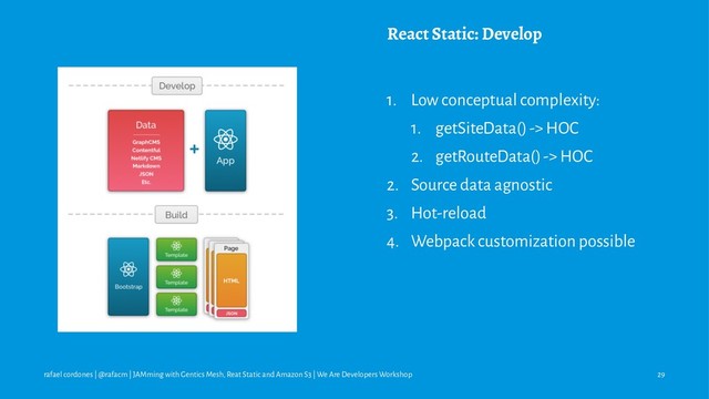 React Static: Develop
1. Low conceptual complexity:
1. getSiteData() -> HOC
2. getRouteData() -> HOC
2. Source data agnostic
3. Hot-reload
4. Webpack customization possible
rafael cordones | @rafacm | JAMming with Gentics Mesh, Reat Static and Amazon S3 | We Are Developers Workshop 29
