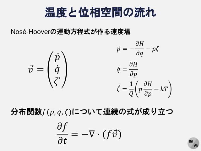 86
96
Nosé-Hooverの運動方程式が作る速度場
ሶ
𝑞 =
𝜕𝐻
𝜕𝑝
ሶ
𝑝 = −
𝜕𝐻
𝜕𝑞
− 𝑝𝜁
ሶ
𝜁 =
1
𝑄
𝑝
𝜕𝐻
𝜕𝑝
− 𝑘𝑇
Ԧ
𝑣 =
ሶ
𝑝
ሶ
𝑞
𝜁 ሶ
分布関数𝑓(𝑝, 𝑞, 𝜁)について連続の式が成り立つ
𝜕𝑓
𝜕𝑡
= −∇ ⋅ (𝑓 Ԧ
𝑣)
