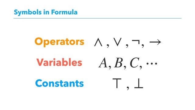 Symbols in Formula
Operators
Variables
Constants
∧ , ∨ , ¬, →
A, B, C, ⋯
⊤ , ⊥
