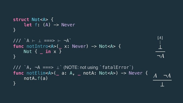struct Not<a> {
let f: (A) -> Never
}
/// `A ⊢ ⊥ ===> ⊢ ¬A`
func notIntro</a><a>(_ x: Never) -> Not</a><a> {
Not { _ in x }
}
/// `A, ¬A ===> ⊥` (NOTE: not using `fatalError`)
func notElim</a><a>(_ a: A, _ notA: Not</a><a>) -> Never {
notA.f(a)
}
⊥
¬A
A ¬A
⊥
⋮
[A]
</a>