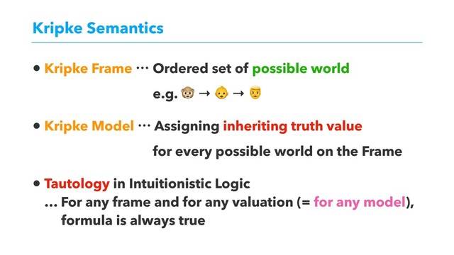 Kripke Semantics
• Kripke Frame l Ordered set of possible world  
e.g.  →  → 
• Kripke Model l Assigning inheriting truth value  
for every possible world on the Frame
• Tautology in Intuitionistic Logic 
… For any frame and for any valuation (= for any model),  
formula is always true
"͕ಘΒΕΔͱɺ 
#΋ࣗಈతʹಘΒΕΔ
