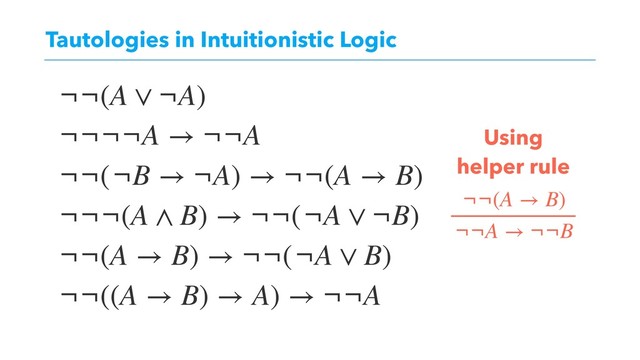 ¬¬((A → B) → A) → ¬¬A
¬¬(A ∨ ¬A)
¬¬¬¬A → ¬¬A
¬¬¬(A ∧ B) → ¬¬(¬A ∨ ¬B)
¬¬(A → B) → ¬¬(¬A ∨ B)
¬¬(¬B → ¬A) → ¬¬(A → B)
Tautologies in Intuitionistic Logic
Using
helper rule
¬¬(A → B)
¬¬A → ¬¬B
