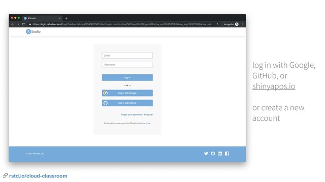 log in with Google,
GitHub, or
shinyapps.io
or create a new
account
 rstd.io/cloud-classroom
