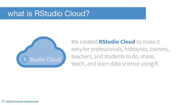 what is RStudio Cloud?
Studio Cloud
We created RStudio Cloud to make it
easy for professionals, hobbyists, trainers,
teachers, and students to do, share,
teach, and learn data science using R.
 rstd.io/cloud-classroom
