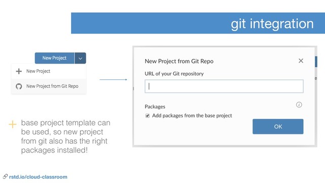 git integration
+ base project template can
be used, so new project
from git also has the right
packages installed!
 rstd.io/cloud-classroom
