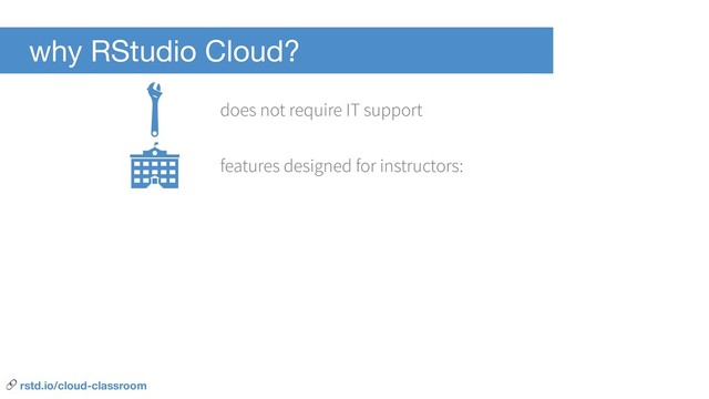 why RStudio Cloud?
does not require IT support
features designed for instructors:
 rstd.io/cloud-classroom
