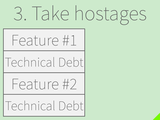 3. Take hostages
Feature #1
Feature #2
Technical Debt
Technical.Debt
