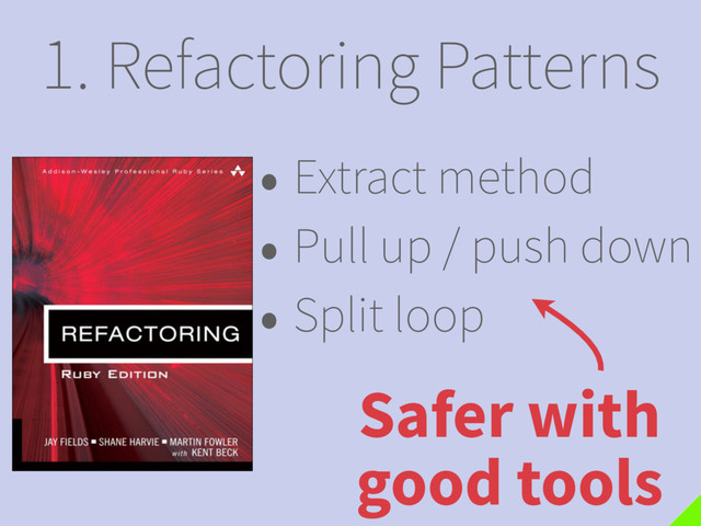 1. Refactoring Patterns
• Extract method
• Pull up / push down
• Split loop
Safer with
good tools
