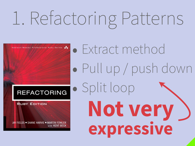 1. Refactoring Patterns
Not very
expressive
• Extract method
• Pull up / push down
• Split loop
