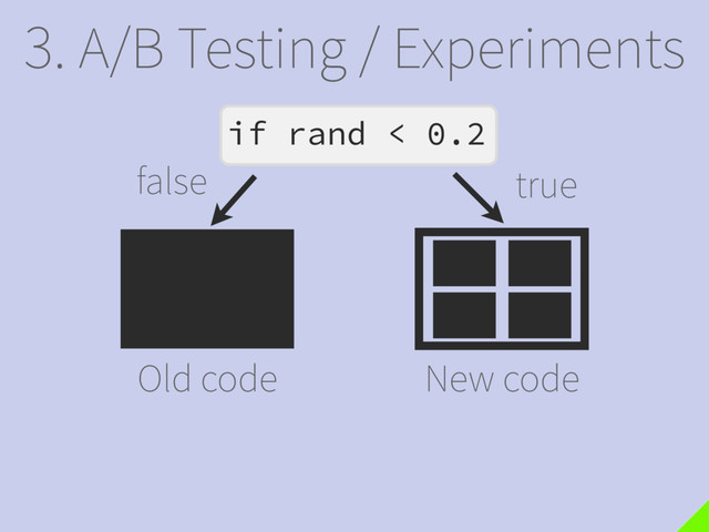 3. A/B Testing / Experiments
Old code New code
if rand < 0.2
false true
