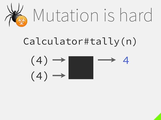 Mutation is hard
Calculator#tally(n)
(4) 4

☣
(4)
