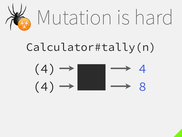 Mutation is hard
Calculator#tally(n)
(4) 4

☣
(4) 8
