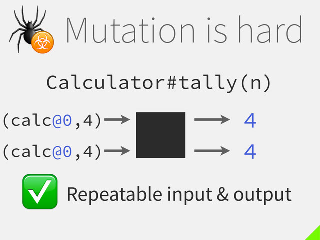 Mutation is hard
Calculator#tally(n)
4

☣
(calc@0,4)
(calc@0,4) 4
Repeatable input & output
✅
