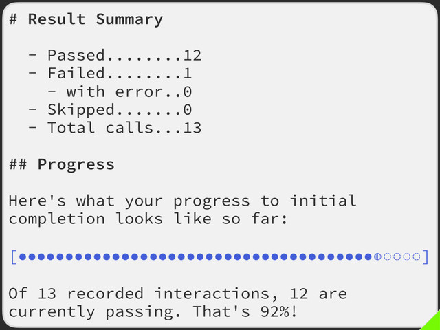# Result Summary
- Passed........12
- Failed........1
- with error..0
- Skipped.......0
- Total calls...13
## Progress
Here's what your progress to initial
completion looks like so far:
[●●●●●●●●●●●●●●●●●●●●●●●●●●●●●●●●●●●●●●◍◌◌◌◌]
Of 13 recorded interactions, 12 are
currently passing. That's 92%!
