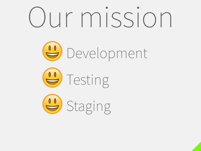 Our mission
Development
Testing
Staging
