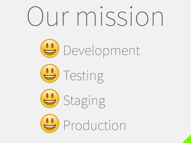 Our mission
Development
Testing
Staging
Production
