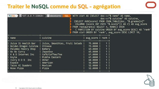 Traiter le NoSQL comme du SQL - agrégation
Copyright @ 2022 Oracle and/or its affiliates.
46
