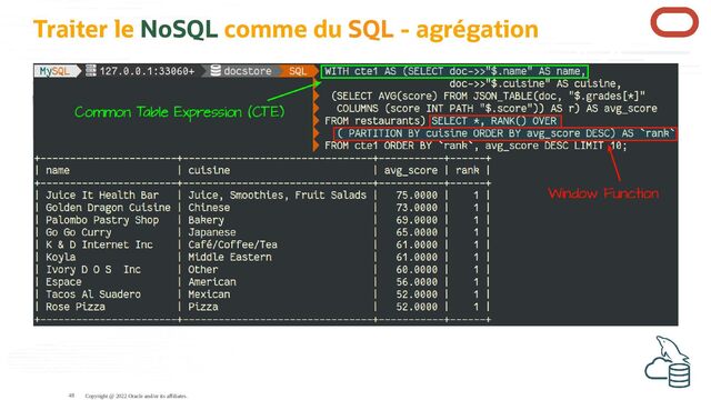 Traiter le NoSQL comme du SQL - agrégation
Copyright @ 2022 Oracle and/or its affiliates.
48
