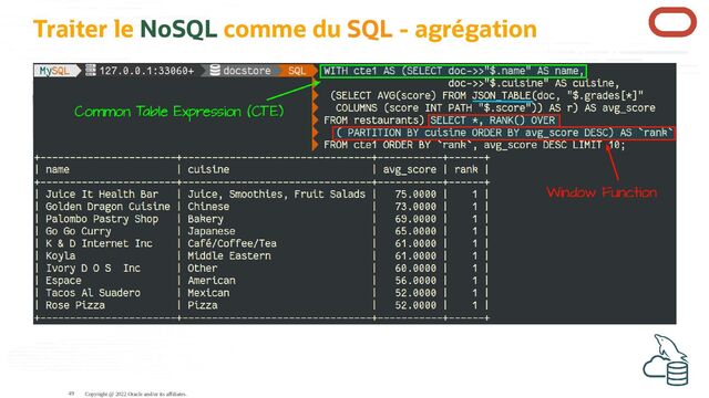 Traiter le NoSQL comme du SQL - agrégation
Copyright @ 2022 Oracle and/or its affiliates.
49
