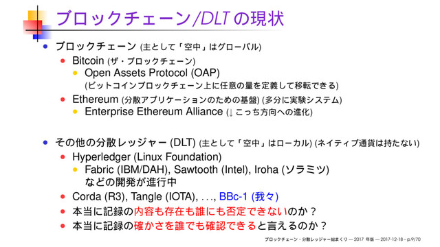 /DLT
( )
Bitcoin ( )
Open Assets Protocol (OAP)
( )
Ethereum ( ) ( )
Enterprise Ethereum Alliance (↓ )
(DLT) ( ) ( )
Hyperledger (Linux Foundation)
Fabric (IBM/DAH), Sawtooth (Intel), Iroha ( )
Corda (R3), Tangle (IOTA),
. . .
, BBc-1 ( )
— 2017 — 2017-12-18 – p.9/70
