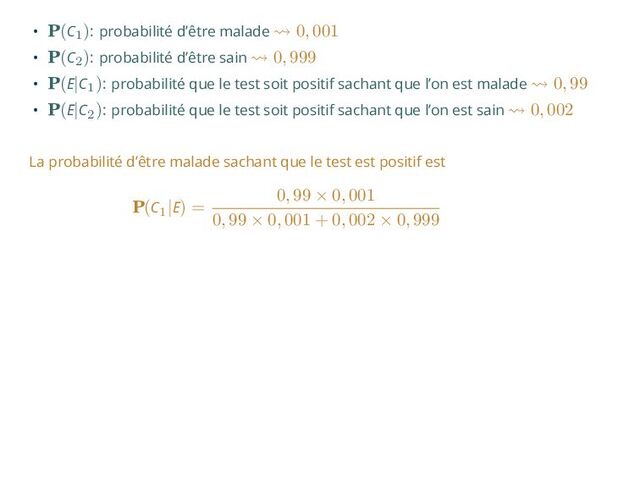 • P(C1
): probabilité d’être malade ⇝ 0, 001
• P(C2
): probabilité d’être sain ⇝ 0, 999
• P(E|C1
): probabilité que le test soit positif sachant que l’on est malade ⇝ 0, 99
• P(E|C2
): probabilité que le test soit positif sachant que l’on est sain ⇝ 0, 002
La probabilité d’être malade sachant que le test est positif est
P(C1
|E) =
0, 99 × 0, 001
0, 99 × 0, 001 + 0, 002 × 0, 999

