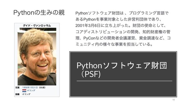 Pythonソフトウェア財団
（PSF)
10
1ZUIPOͷੜΈͷ਌
