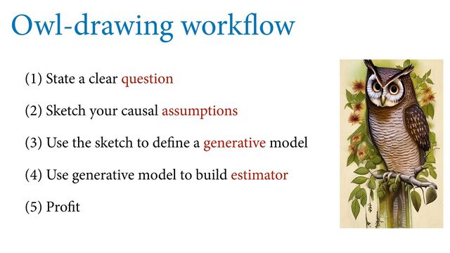 Owl-drawing workflow
(1) State a clear question
(2) Sketch your causal assumptions
(3) Use the sketch to define a generative model
(4) Use generative model to build estimator
(5) Profit
