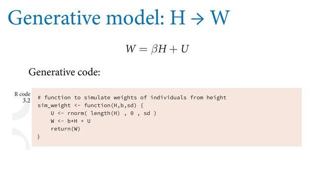 Generative model: H → W
ćF XBZ *MM EP UIJT JT UP TJNVMBUF PVS VOPCTFSWFE 6 WBSJBCMF GSPN UI
ćFO XF DBO DPNQVUF B QFSTPOT XFJHIU BT
8 = β) + 6
F DPEF UP EP UIJT
n to simulate weights of individuals from height
t <- function(H,b,sd) {
rnorm( length(H) , 0 , sd )
b*H + U
n(W)
F E
XIFSF β JT UIF QSPQPSUJPOBMJUZ DPOTUBOU *G JUT  GPS FYBNQMF UIFO B QFSTPO XIP JT DN
UBMM XFJHIT LH
0CWJPVTMZ OPU FWFSZPOF XJUI UIF TBNF IFJHIU IBT FYBDUMZ UIF TBNF XFJHIU "OE UIF
TJNVMBUJPO TIPVME SFĘFDU UIJT 4P XF OFFE UP JOUSPEVDF TPNF WBSJBUJPO 8FMM VTF (BVTTJBO
WBSJBUJPO ćF XBZ *MM EP UIJT JT UP TJNVMBUF PVS VOPCTFSWFE 6 WBSJBCMF GSPN UIF QSFWJPVT
TFDUJPO ćFO XF DBO DPNQVUF B QFSTPOT XFJHIU BT
8 = β) + 6
)FSFT TPNF DPEF UP EP UIJT
3 DPEF
 # function to simulate weights of individuals from height
sim_weight <- function(H,b,sd) {
U <- rnorm( length(H) , 0 , sd )
W <- b*H + U
return(W)
}
ćF BSHVNFOU sd JT UIF TUBOEBSE EFWJBUJPO PG 6 *U EFUFSNJOFT IPX NVDI WBSJBUJPO UIFSF JT
BSPVOE UIF FYQFDUFE WBMVF PG 8 GPS FBDI ) WBMVF
5P NBLF UIJT TJNVMBUJPO XPSL XF BMTP OFFE UP TJNVMBUF IFJHIU *MM KVTU VTF B VOJGPSN
Generative code:
