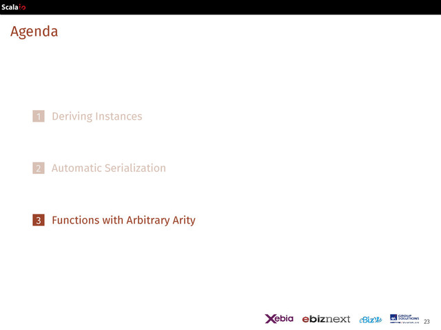 Agenda
1 Deriving Instances
2 Automatic Serialization
3 Functions with Arbitrary Arity
23
