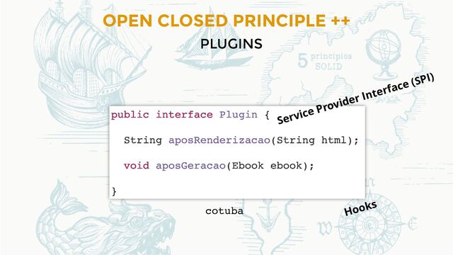 OPEN CLOSED PRINCIPLE ++
PLUGINS
cotuba
Service Provider Interface (SPI)
Hooks
